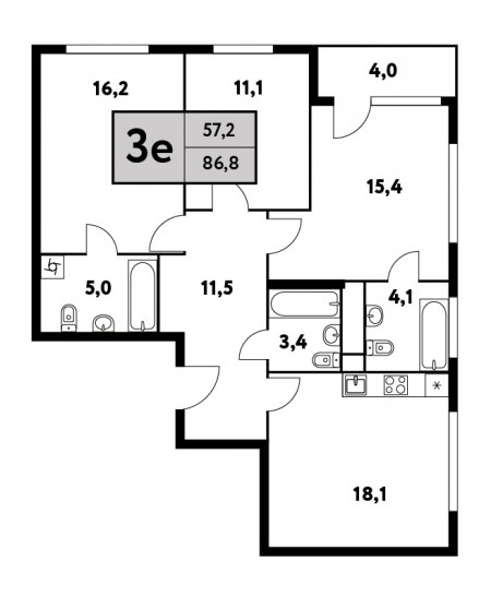 Трёхкомнатная квартира 86.8 м²