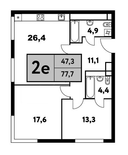 Двухкомнатная квартира 77.7 м²