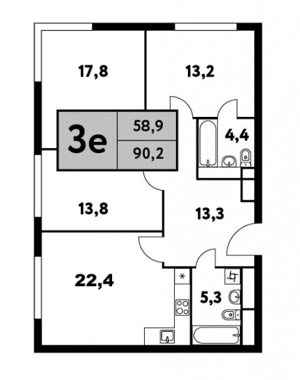 Трёхкомнатная квартира 90.2 м²