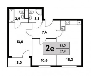 Двухкомнатная квартира 57.9 м²
